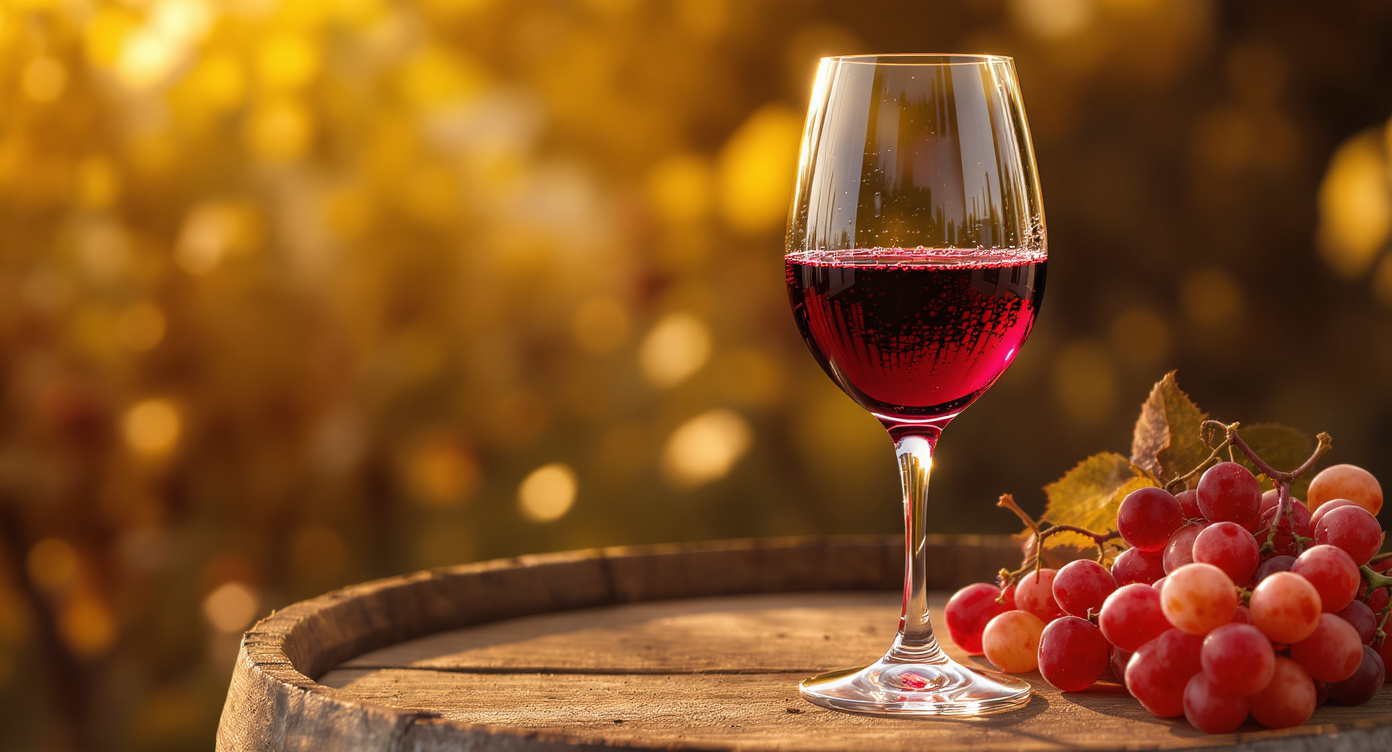 Verre de vin rouge du Sud-Ouest sur un tonneau, ambiance chaleureuse